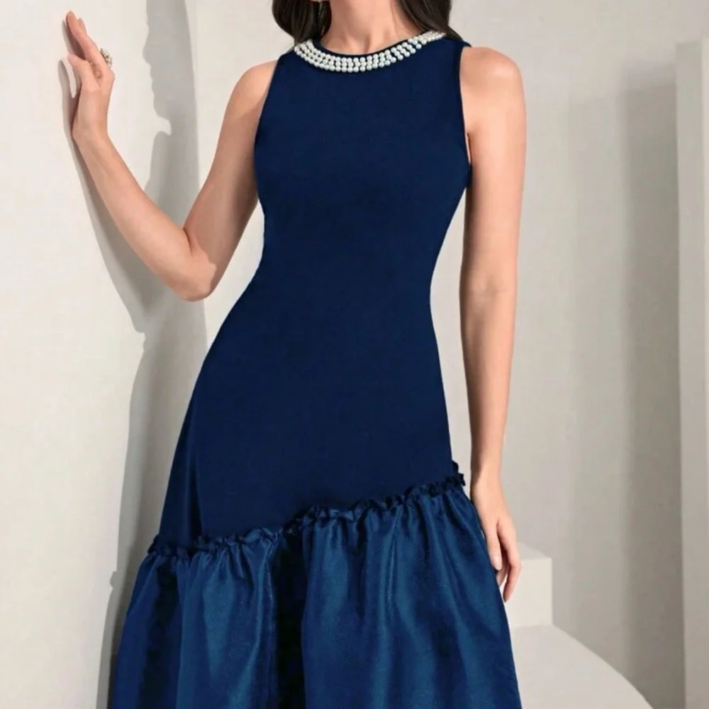 Modelyn Pearls Royal Blue Pearl Neckline Ruffle Hem Midi Dress - Picture 4 of 6